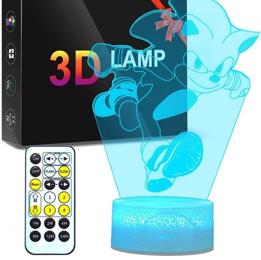 NEW 3D Sonic Hedgehog Anime Night Light LED Illusion Lamp Multi Color Table Lamp